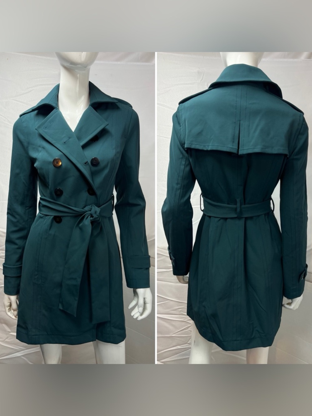 NWT Kenneth Cole NY Women’s 6 Teal Stretchy Double Breasted Trench Coat Jacket